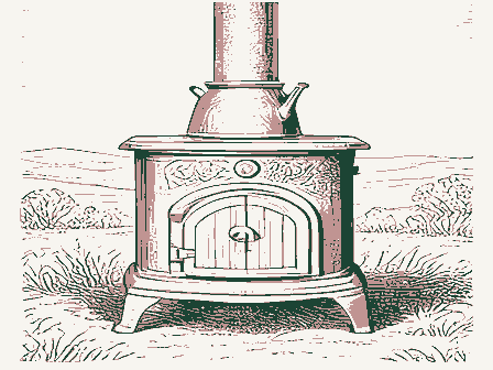 Decorative drawing: a cast-iron cook stove with a kettle and a fire door. Not a photograph of this place.