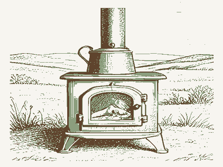 Decorative drawing: a cast-iron cook stove with a kettle and a fire door. Not a photograph of this place.