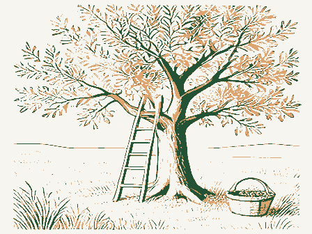 Decorative drawing: an orchard with a ladder against a tree and a bushel basket. Not a photograph of this place.