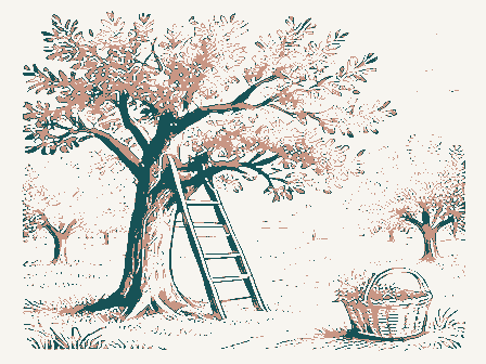 Decorative drawing: an orchard with a ladder against a tree and a bushel basket. Not a photograph of this place.