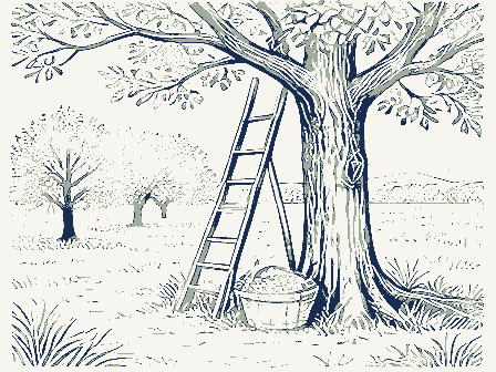 Decorative drawing: an orchard with a ladder against a tree and a bushel basket. Not a photograph of this place.