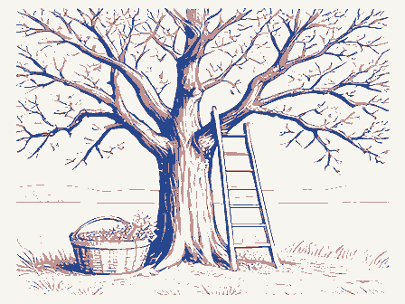 Decorative drawing: an orchard with a ladder against a tree and a bushel basket. Not a photograph of this place.