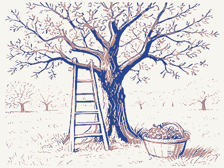 Decorative drawing: an orchard with a ladder against a tree and a bushel basket. Not a photograph of this place.