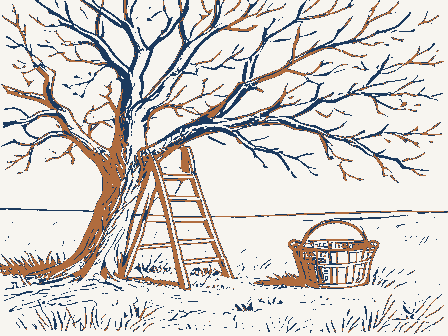 Decorative drawing: an orchard with a ladder against a tree and a bushel basket. Not a photograph of this place.