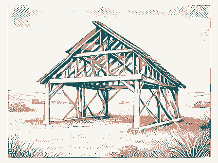 Decorative drawing: a timber barn frame skeleton with ridge beam and rafters. Not a photograph of this place.