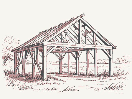 Decorative drawing: a timber barn frame skeleton with ridge beam and rafters. Not a photograph of this place.