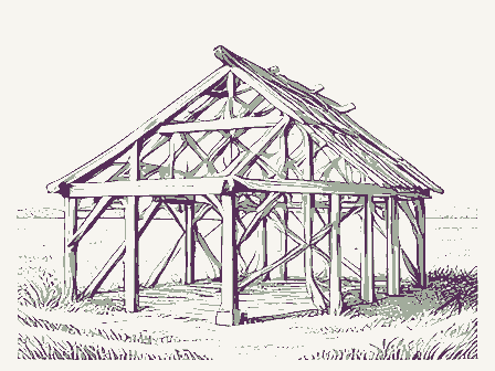 Decorative drawing: a timber barn frame skeleton with ridge beam and rafters. Not a photograph of this place.