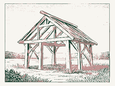Decorative drawing: a timber barn frame skeleton with ridge beam and rafters. Not a photograph of this place.