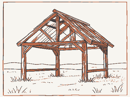 Decorative drawing: a timber barn frame skeleton with ridge beam and rafters. Not a photograph of this place.