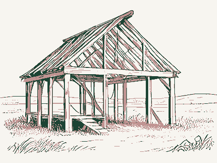 Decorative drawing: a timber barn frame skeleton with ridge beam and rafters. Not a photograph of this place.