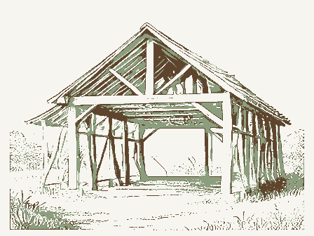 Decorative drawing: a timber barn frame skeleton with ridge beam and rafters. Not a photograph of this place.