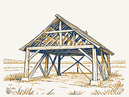 Decorative drawing: a timber barn frame skeleton with ridge beam and rafters. Not a photograph of this place.