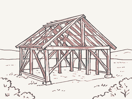 Decorative drawing: a timber barn frame skeleton with ridge beam and rafters. Not a photograph of this place.