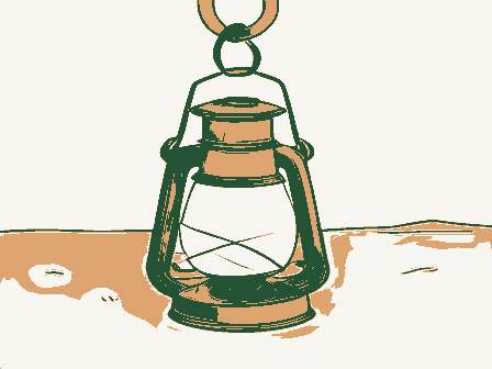 Decorative drawing: an oil lantern hanging from a hook, chimney and handle. Not a photograph of this place.