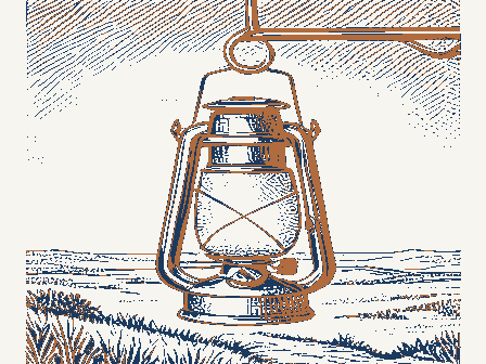 Decorative drawing: an oil lantern hanging from a hook, chimney and handle. Not a photograph of this place.
