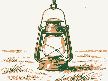 Decorative drawing: an oil lantern hanging from a hook, chimney and handle. Not a photograph of this place.