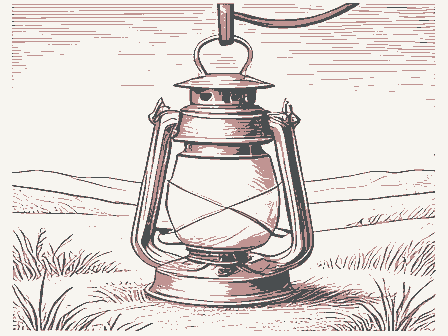 Decorative drawing: an oil lantern hanging from a hook, chimney and handle. Not a photograph of this place.