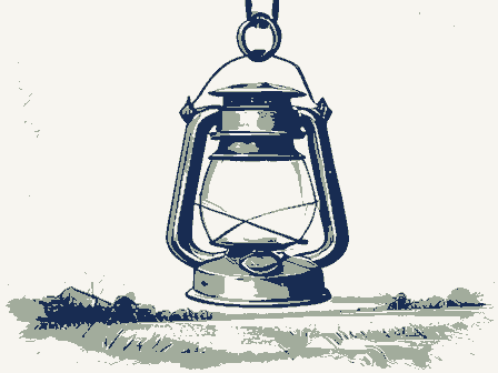 Decorative drawing: an oil lantern hanging from a hook, chimney and handle. Not a photograph of this place.
