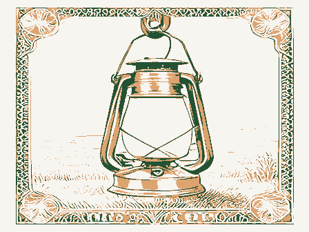 Decorative drawing: an oil lantern hanging from a hook, chimney and handle. Not a photograph of this place.
