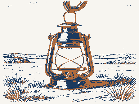 Decorative drawing: an oil lantern hanging from a hook, chimney and handle. Not a photograph of this place.
