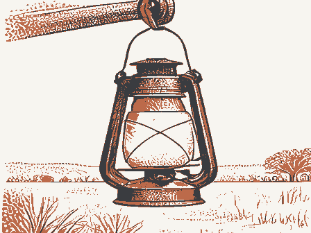 Decorative drawing: an oil lantern hanging from a hook, chimney and handle. Not a photograph of this place.