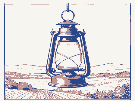 Decorative drawing: an oil lantern hanging from a hook, chimney and handle. Not a photograph of this place.