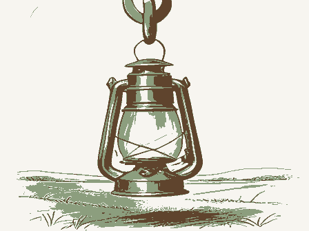 Decorative drawing: an oil lantern hanging from a hook, chimney and handle. Not a photograph of this place.