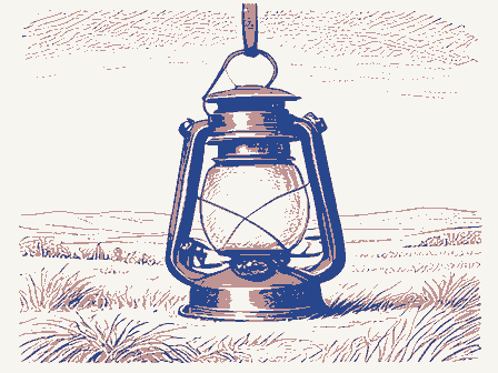 Decorative drawing: an oil lantern hanging from a hook, chimney and handle. Not a photograph of this place.