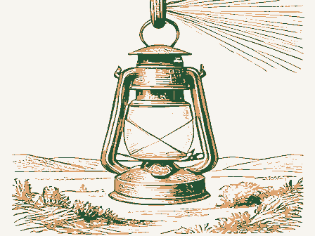 Decorative drawing: an oil lantern hanging from a hook, chimney and handle. Not a photograph of this place.