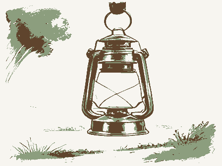Decorative drawing: an oil lantern hanging from a hook, chimney and handle. Not a photograph of this place.