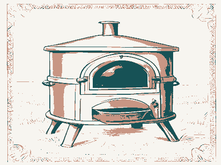 Decorative drawing: a bake oven with an arched, blackened mouth and a long-handled peel. Not a photograph of this place.