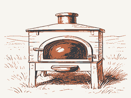 Decorative drawing: a bake oven with an arched, blackened mouth and a long-handled peel. Not a photograph of this place.