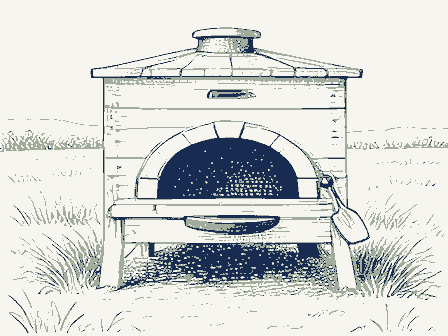 Decorative drawing: a bake oven with an arched, blackened mouth and a long-handled peel. Not a photograph of this place.
