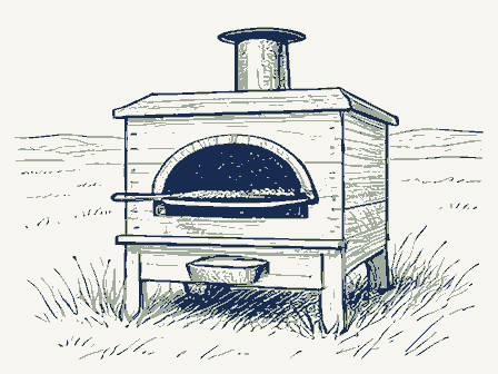 Decorative drawing: a bake oven with an arched, blackened mouth and a long-handled peel. Not a photograph of this place.