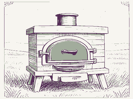Decorative drawing: a bake oven with an arched, blackened mouth and a long-handled peel. Not a photograph of this place.