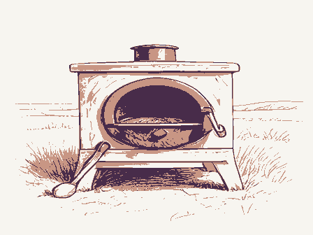 Decorative drawing: a bake oven with an arched, blackened mouth and a long-handled peel. Not a photograph of this place.