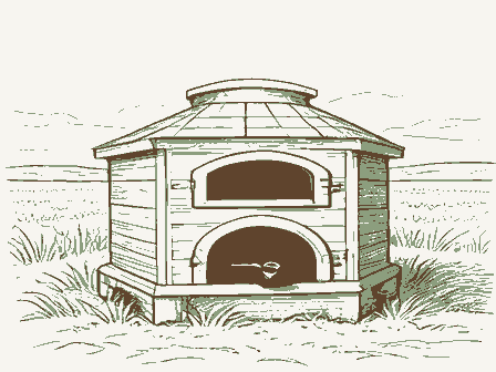Decorative drawing: a bake oven with an arched, blackened mouth and a long-handled peel. Not a photograph of this place.