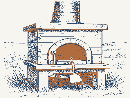 Decorative drawing: a bake oven with an arched, blackened mouth and a long-handled peel. Not a photograph of this place.