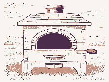 Decorative drawing: a bake oven with an arched, blackened mouth and a long-handled peel. Not a photograph of this place.