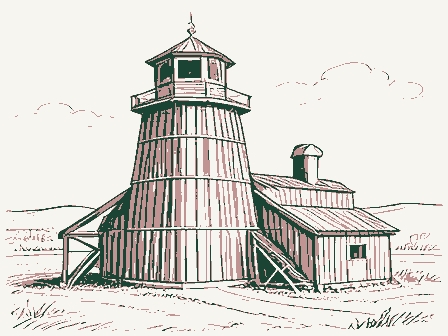 Decorative drawing: a timber grain elevator with a cupola, a scale shed and a grain chute. Not a photograph of this place.