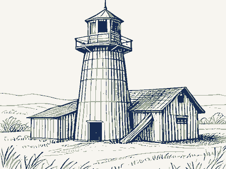Decorative drawing: a timber grain elevator with a cupola, a scale shed and a grain chute. Not a photograph of this place.