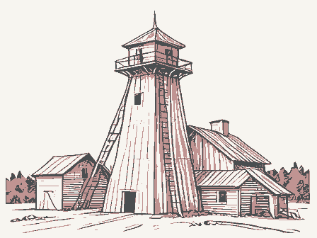 Decorative drawing: a timber grain elevator with a cupola, a scale shed and a grain chute. Not a photograph of this place.
