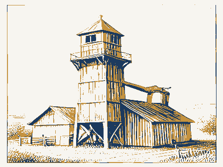 Decorative drawing: a timber grain elevator with a cupola, a scale shed and a grain chute. Not a photograph of this place.