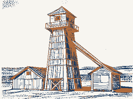 Decorative drawing: a timber grain elevator with a cupola, a scale shed and a grain chute. Not a photograph of this place.