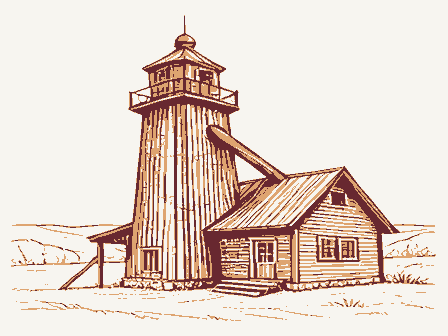 Decorative drawing: a timber grain elevator with a cupola, a scale shed and a grain chute. Not a photograph of this place.