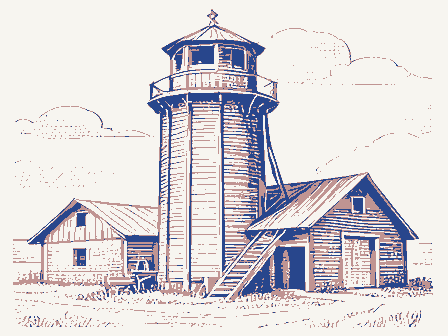 Decorative drawing: a timber grain elevator with a cupola, a scale shed and a grain chute. Not a photograph of this place.