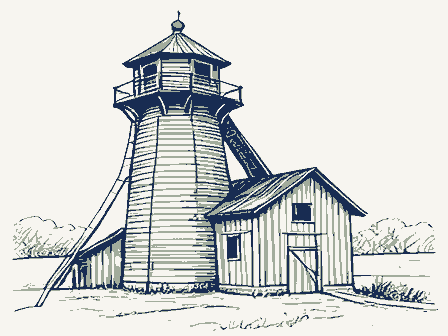 Decorative drawing: a timber grain elevator with a cupola, a scale shed and a grain chute. Not a photograph of this place.