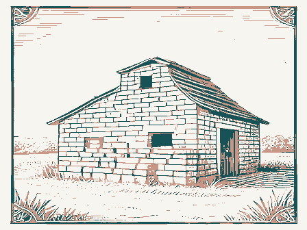 Decorative drawing: a brick kiln with stacked drying bricks and a shed. Not a photograph of this place.