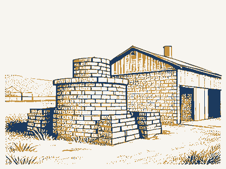 Decorative drawing: a brick kiln with stacked drying bricks and a shed. Not a photograph of this place.