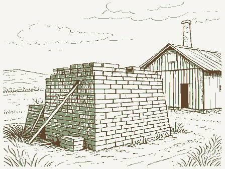 Decorative drawing: a brick kiln with stacked drying bricks and a shed. Not a photograph of this place.